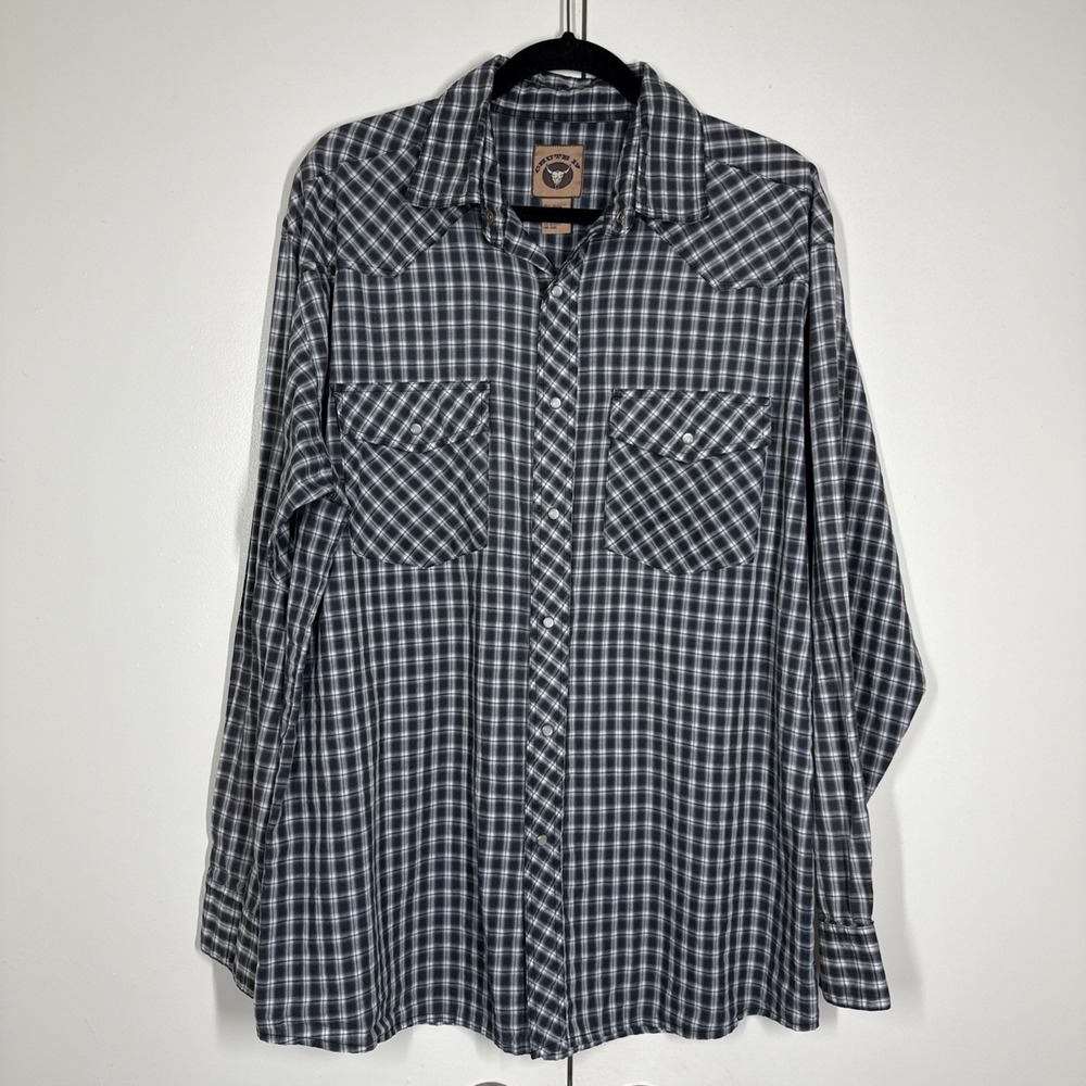 Chute 17 Western Long Sleeve Men's L Pearl Snap Button Black Brown Plaid Shirt